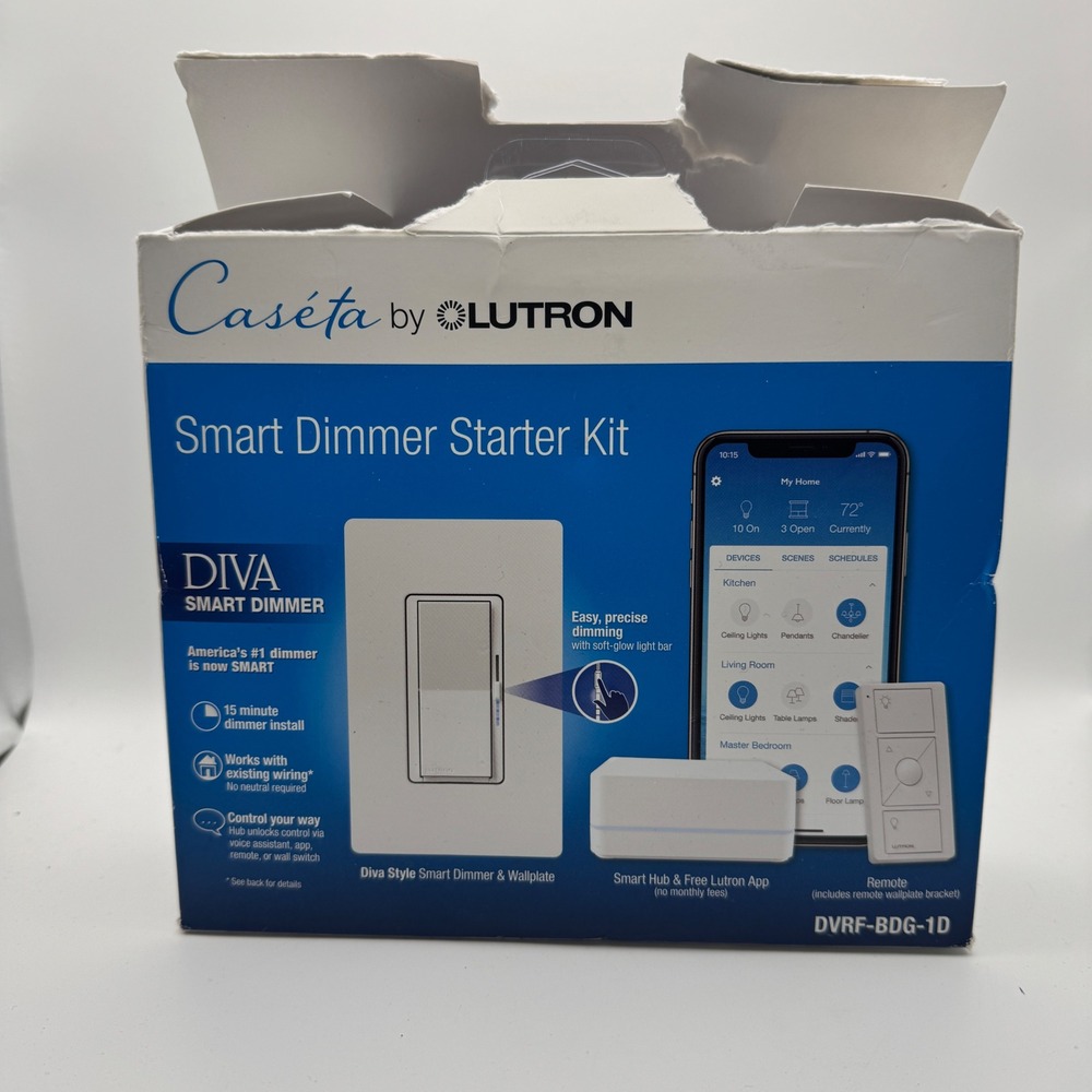 Lutron Caseta Diva Smart Dimmer Starter Kit White DVRF-BDG-1D Hub Remote Bundle